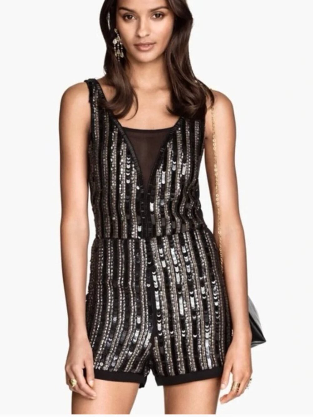 H&M Black & Silver Sequin V-Neck Romper